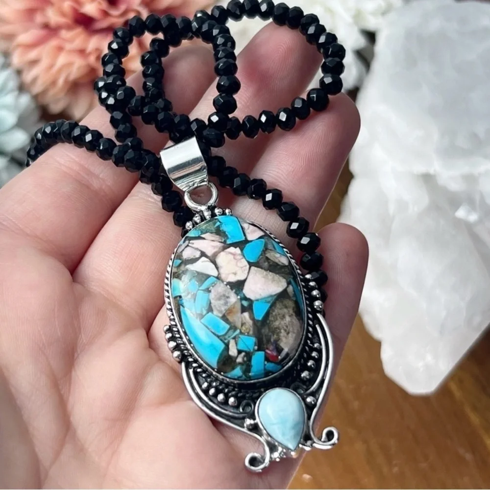 Solid 925 Set Blue Jasper Pink Opal Larimar Pendant Spinel Necklace Earrings - Picture 6 of 8